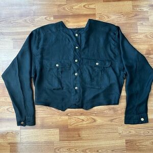3/$20 Vintage Message black military 100% silk blouse